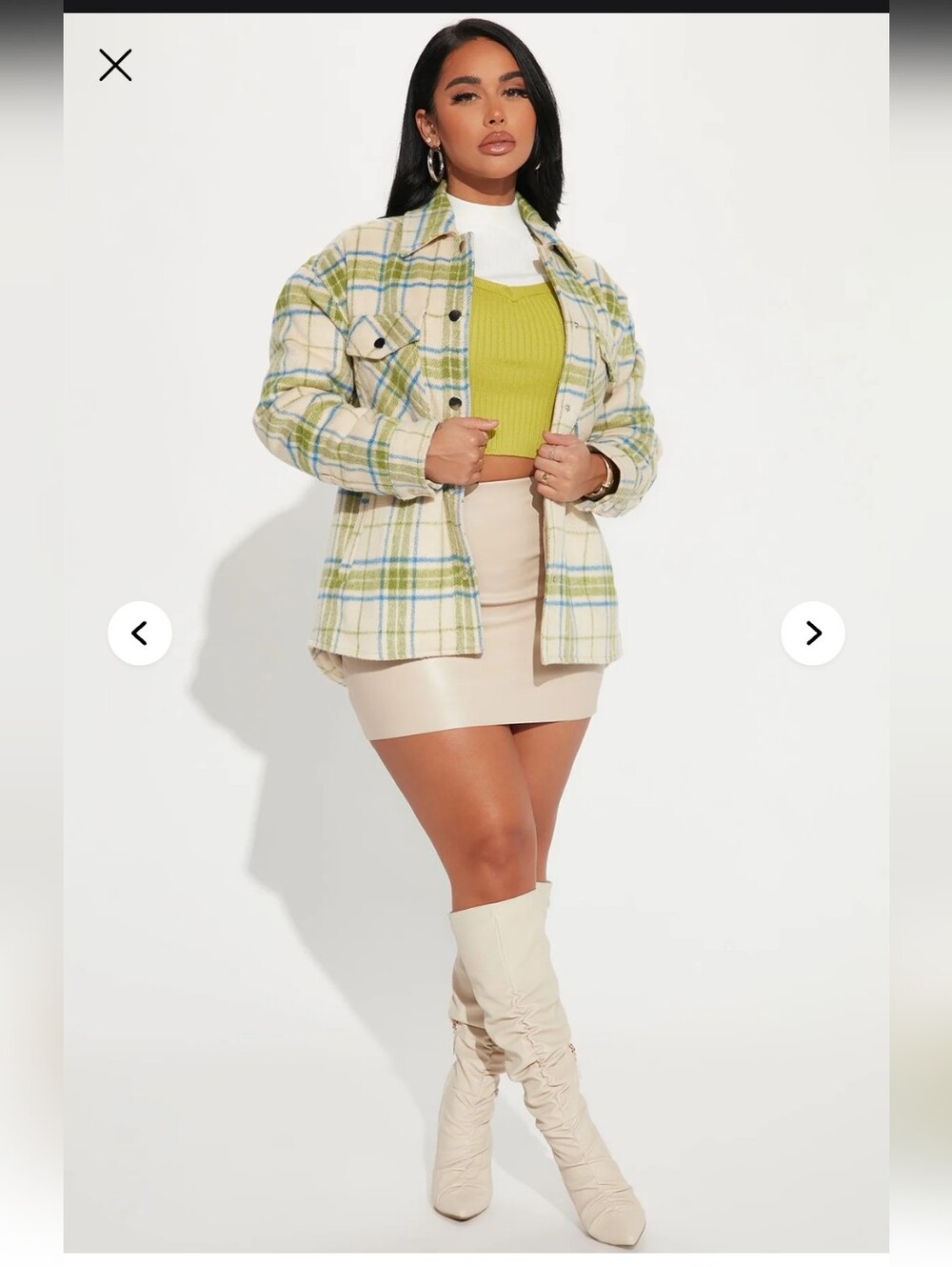 Fashion Nova Cream & Green Plaid Shacket